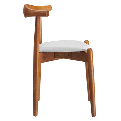 Natural wood dining chair with white cushioned seat, curved backrest extension and tapered legs.