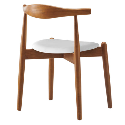 Walnut-finished wooden dining chair with a white round seat, curved backrest, and tapered legs.