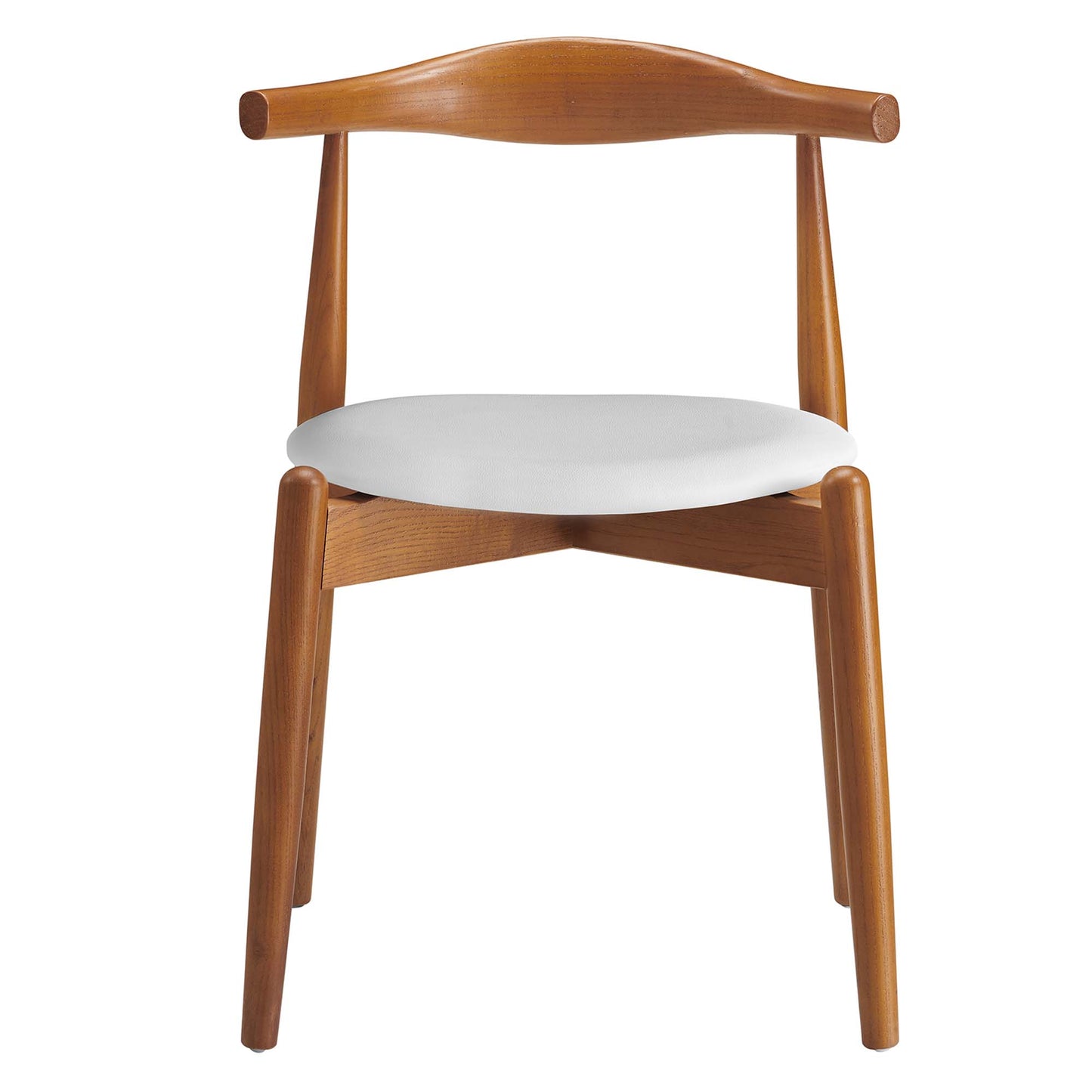 Mid-century wooden dining chair with curved back, warm oak finish and light gray round cushion.