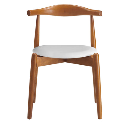 Mid-century wooden dining chair with curved back, warm oak finish and light gray round cushion.
