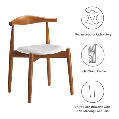 Wooden dining chair with curved back, white vegan leather upholstery, solid wood frame and non-marking foot pads.