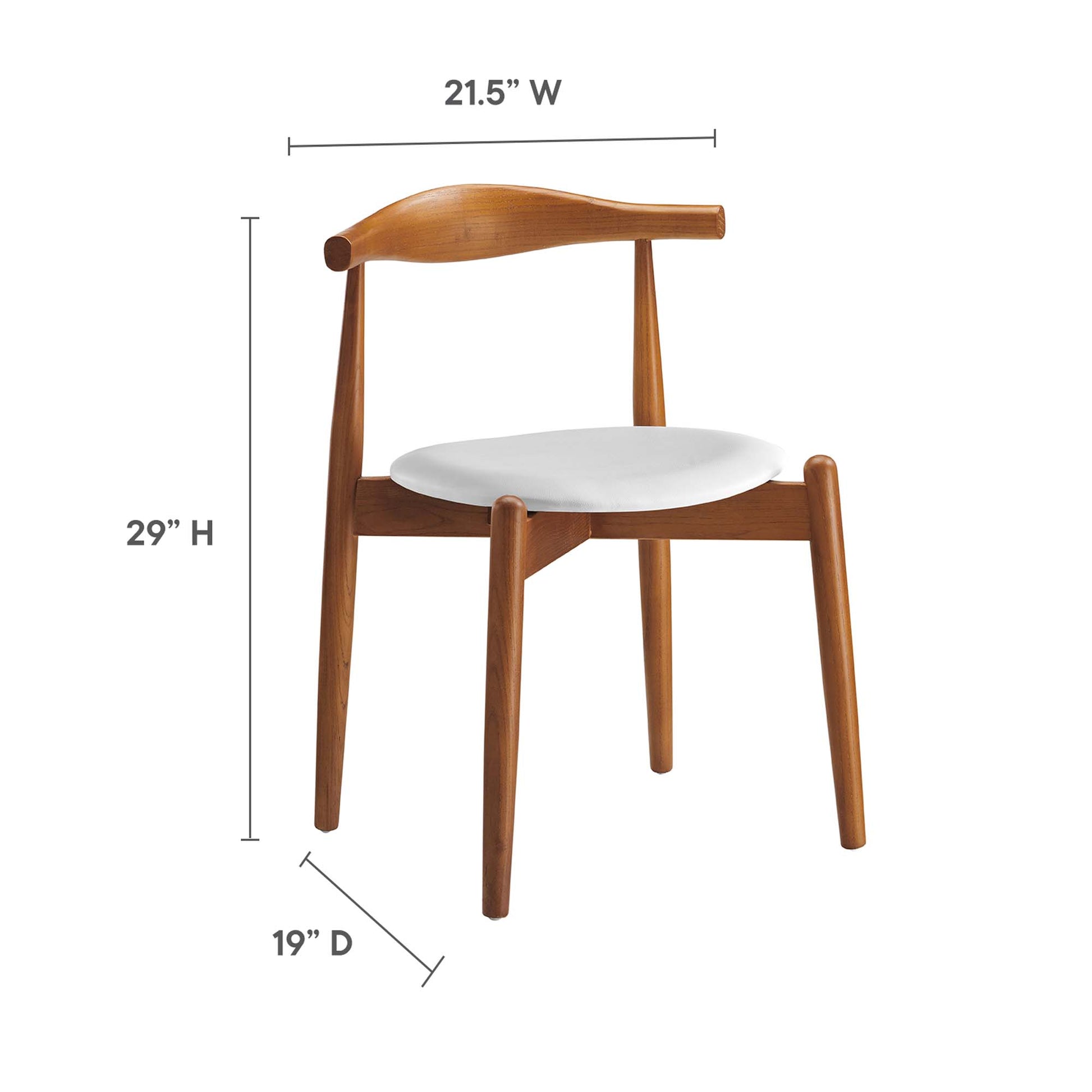 Mid-century wooden dining chair with curved backrest, natural wood finish and white round upholstered seat; tapered legs.