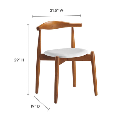 Mid-century wooden dining chair with curved backrest, natural wood finish and white round upholstered seat; tapered legs.