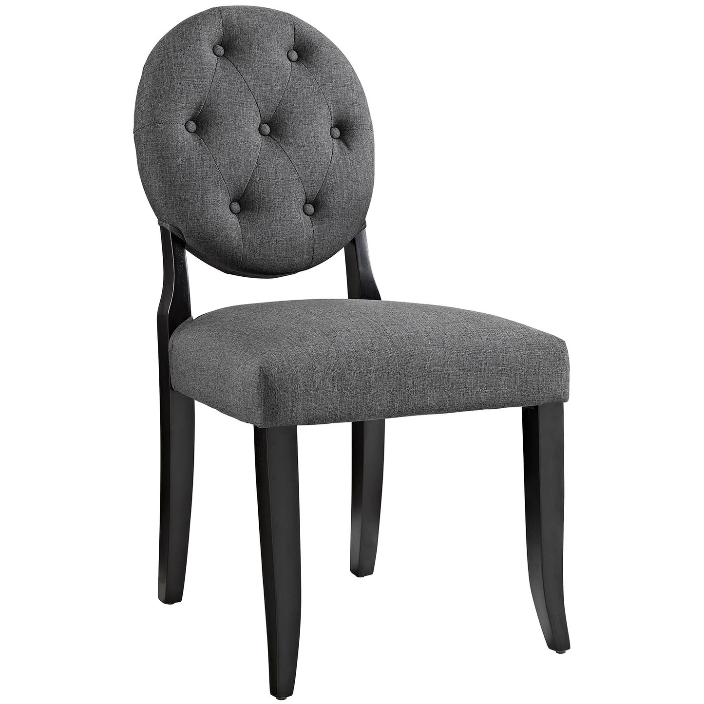 Grey fabric dining side chair with a round button-tufted back, cushioned seat and black wood legs.