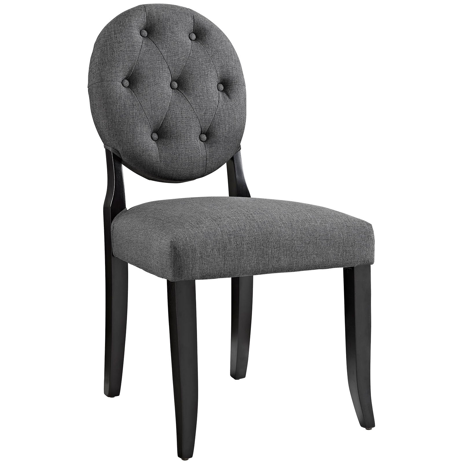 Grey fabric dining side chair with a round button-tufted back, cushioned seat and black wood legs.