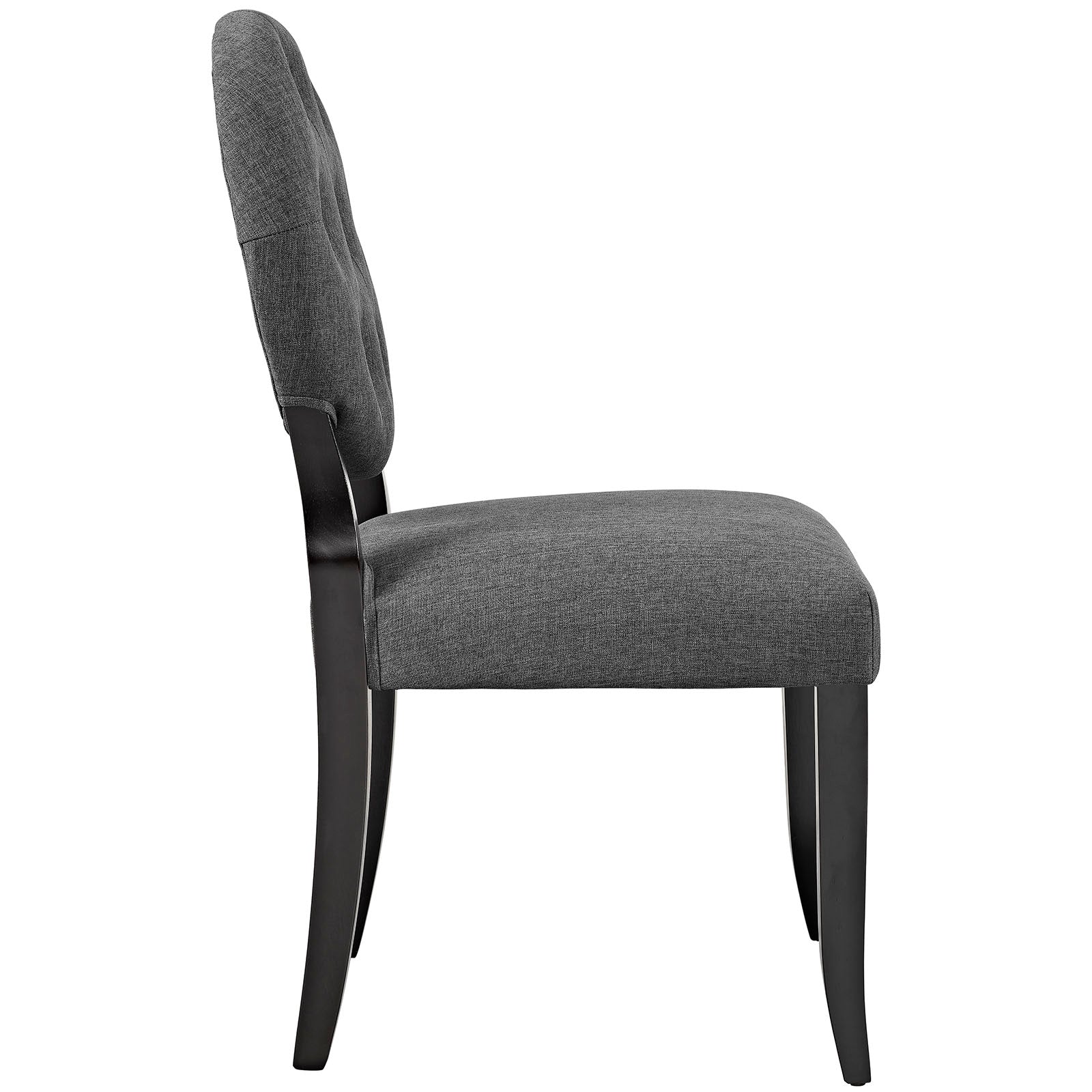 Gray upholstered dining chair with dark wood legs, curved back and cushioned seat, side view.