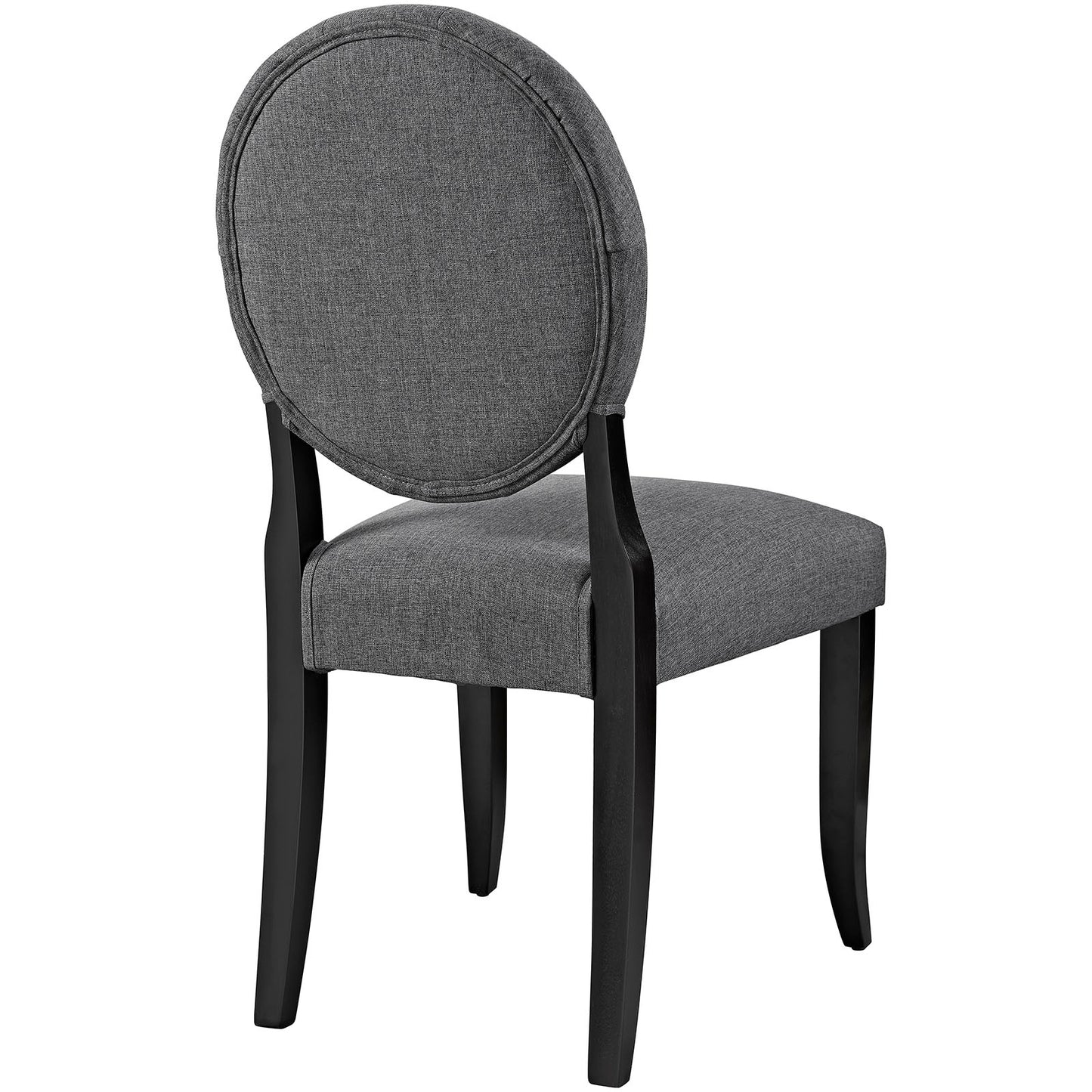 Gray fabric dining side chair with a round back & cushioned seat, black curved wood legs