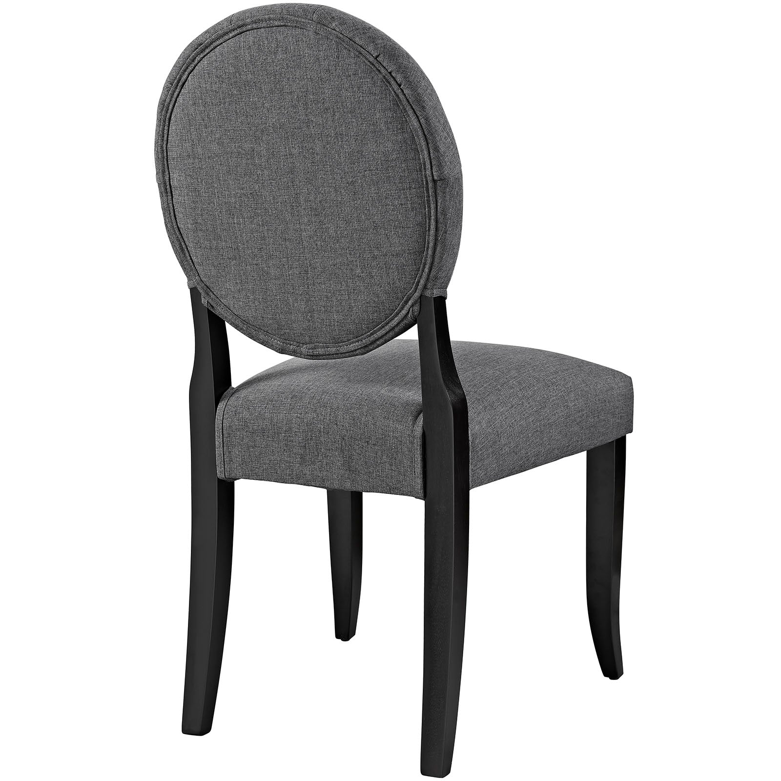 Gray fabric dining side chair with a round back & cushioned seat, black curved wood legs