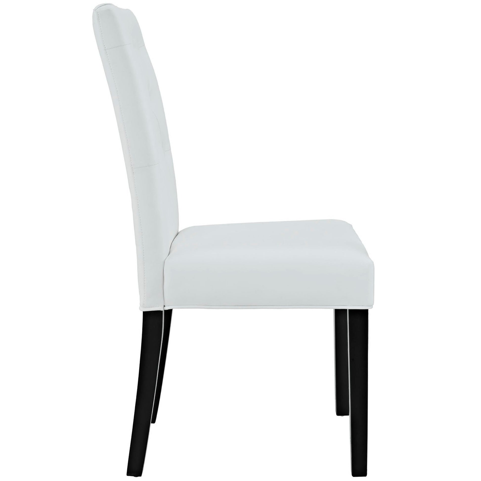 White upholstered dining chair with tall padded backrest and black tapered legs, modern minimalist.