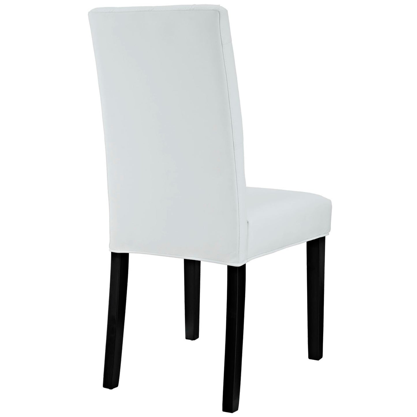 White upholstered dining chair with tall back, black wooden legs, sleek modern design.