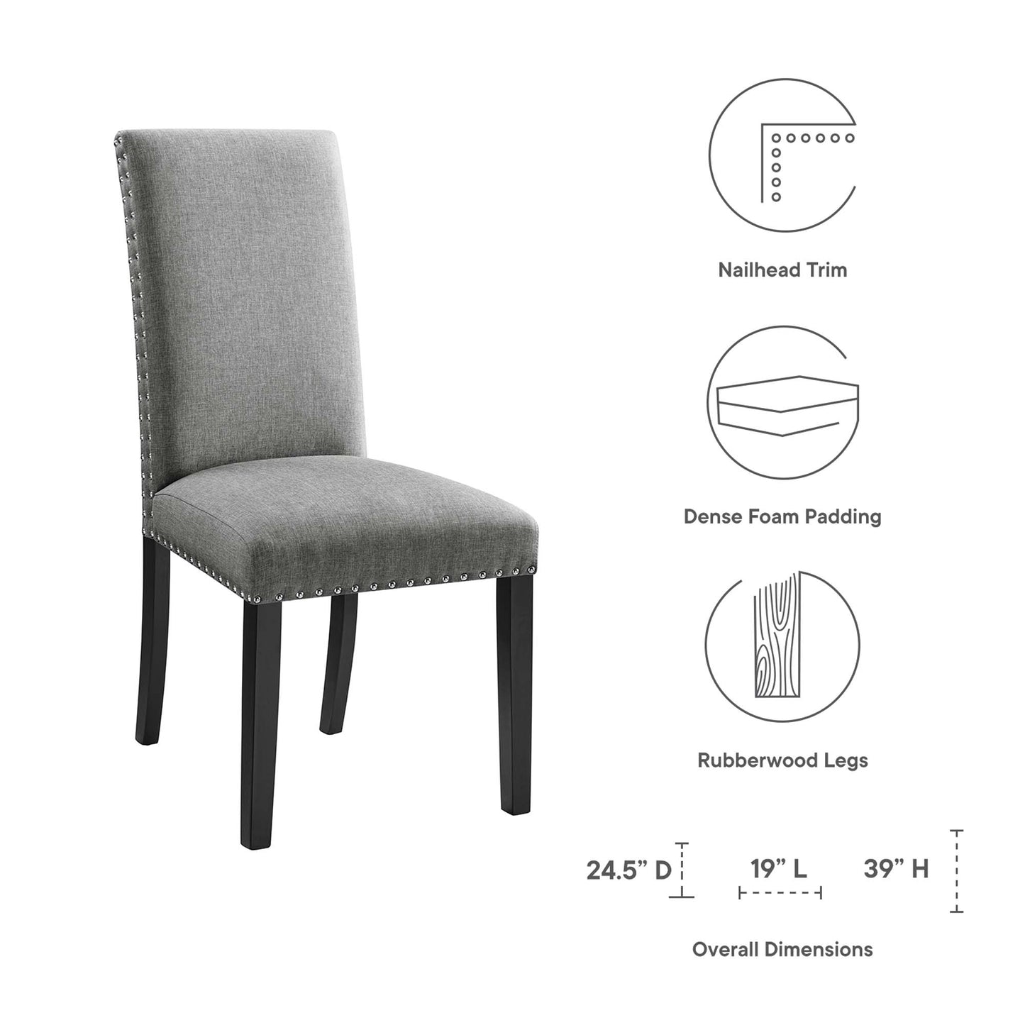 Grey upholstered dining chair with nailhead trim, dense foam padding, and dark rubberwood legs.