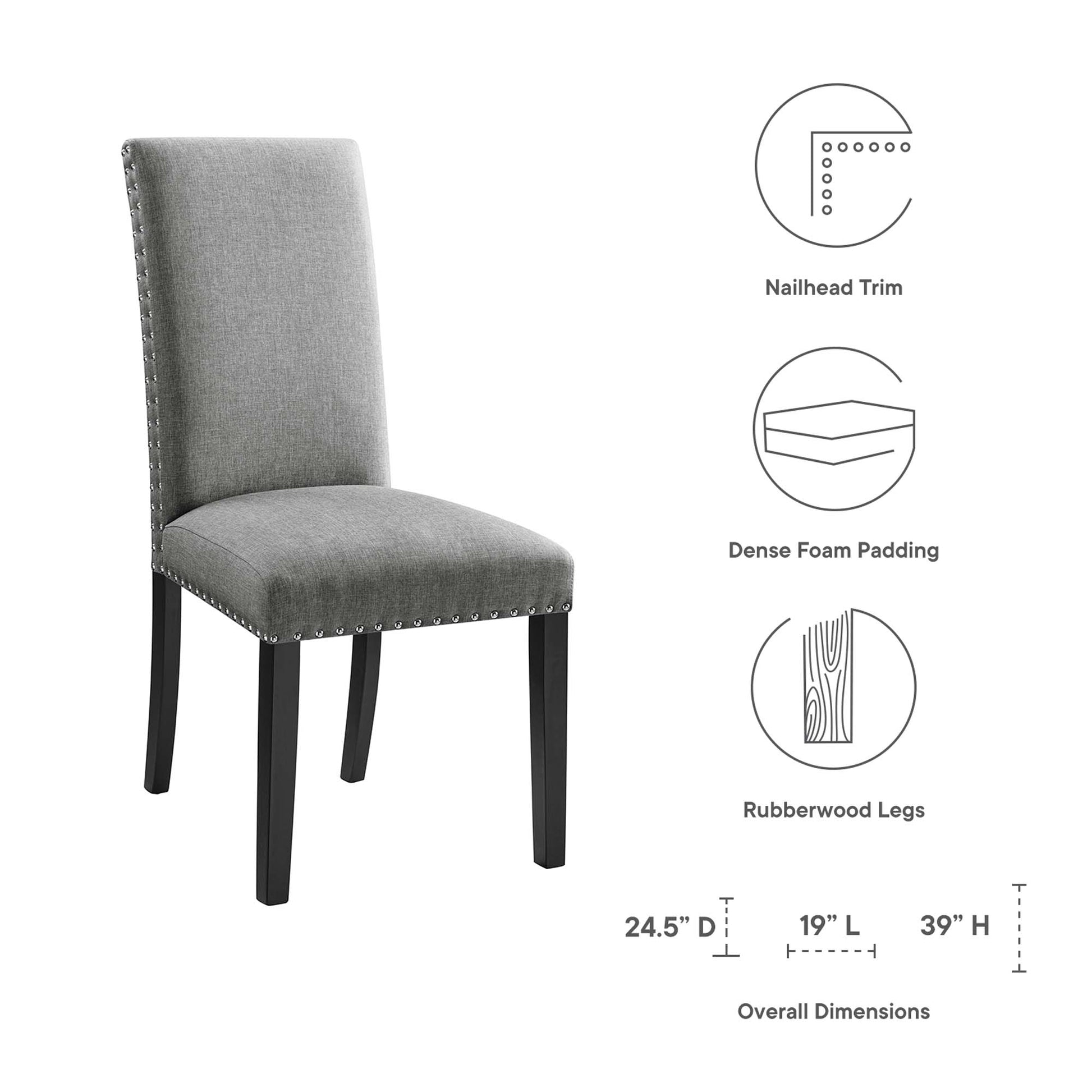 Grey upholstered dining chair with nailhead trim, dense foam padding, and dark rubberwood legs.