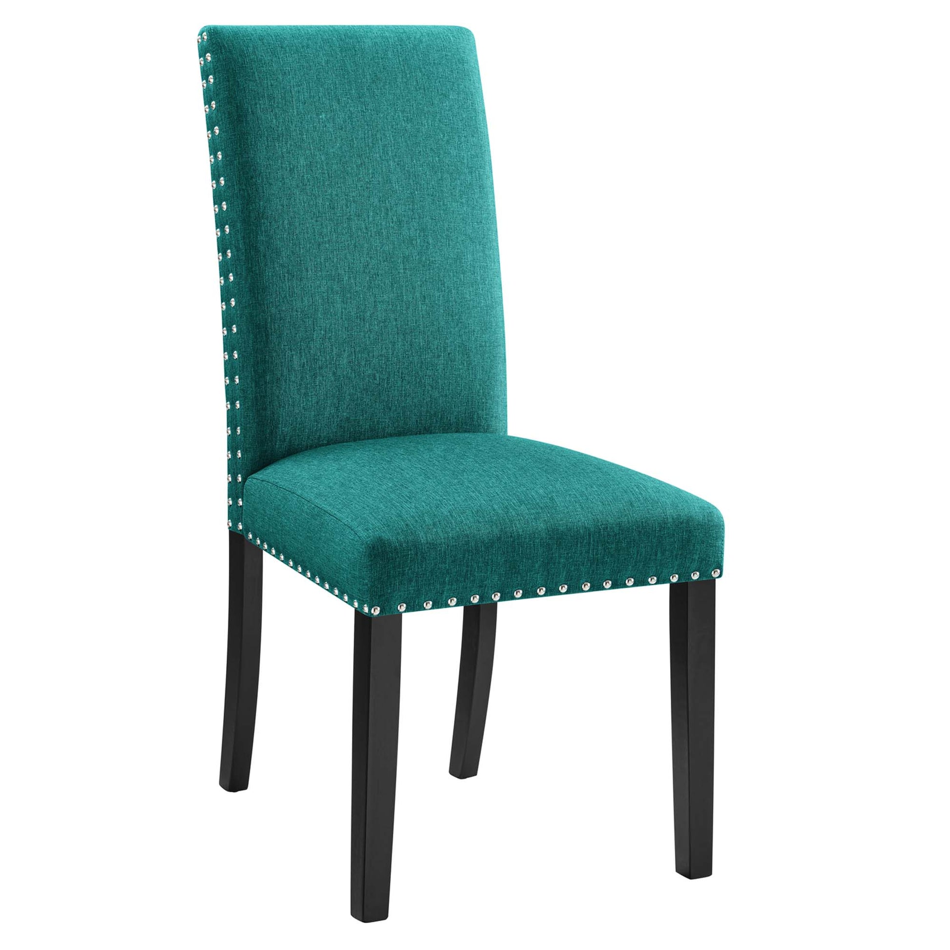 Teal upholstered dining chair with tall back, nailhead trim along edges, square seat, black wooden legs.