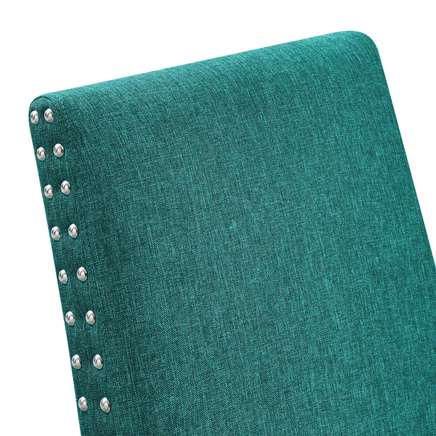 Teal textured fabric chair back with a row of silver studs along the left edge.