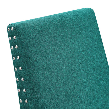 Teal textured fabric chair back with a row of silver studs along the left edge.