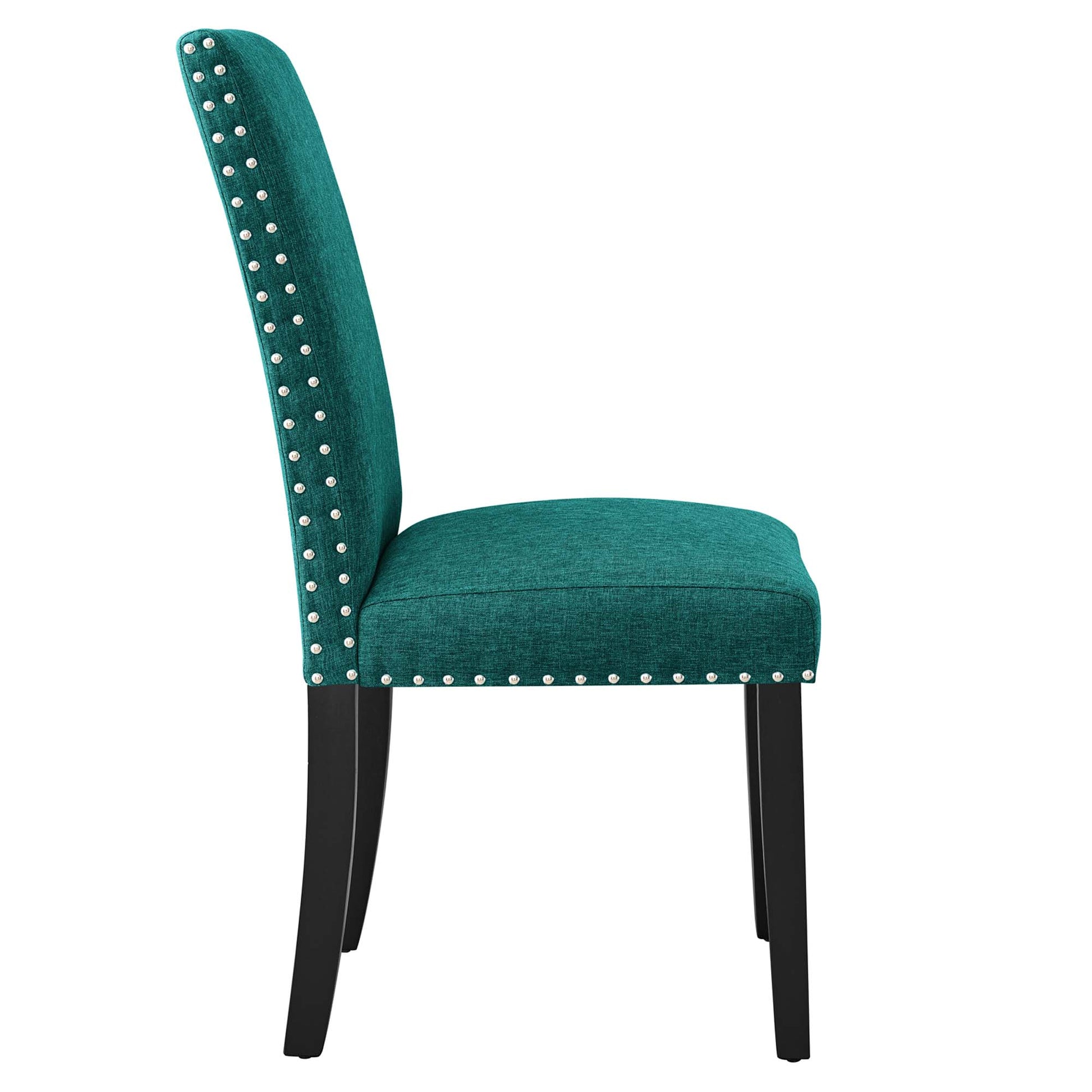 Teal velvet dining chair with silver nailhead trim along back and seat, curved high back, black tapered legs.