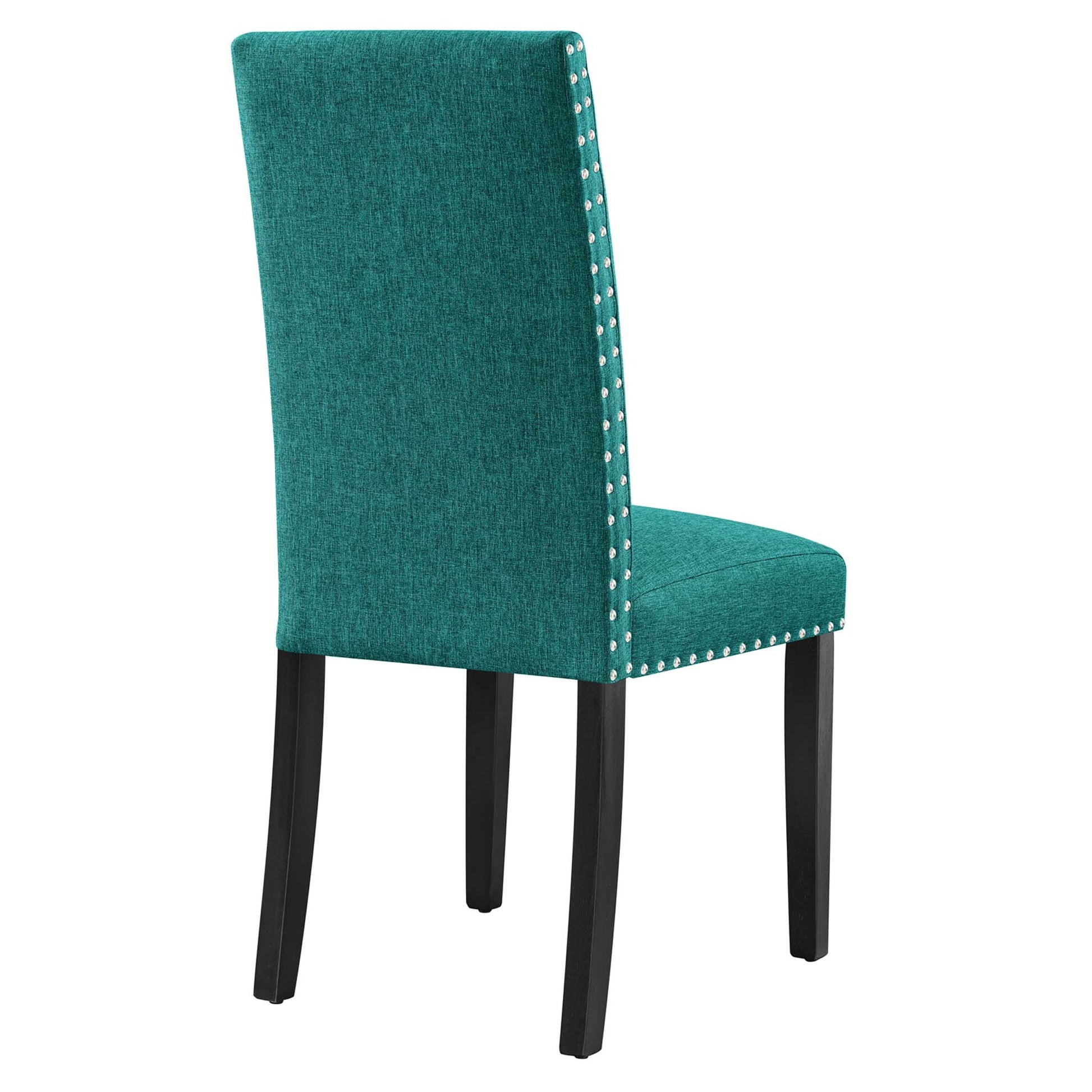 Teal velvet dining chair with tall back, black tapered legs, and silver nailhead trim along edges.