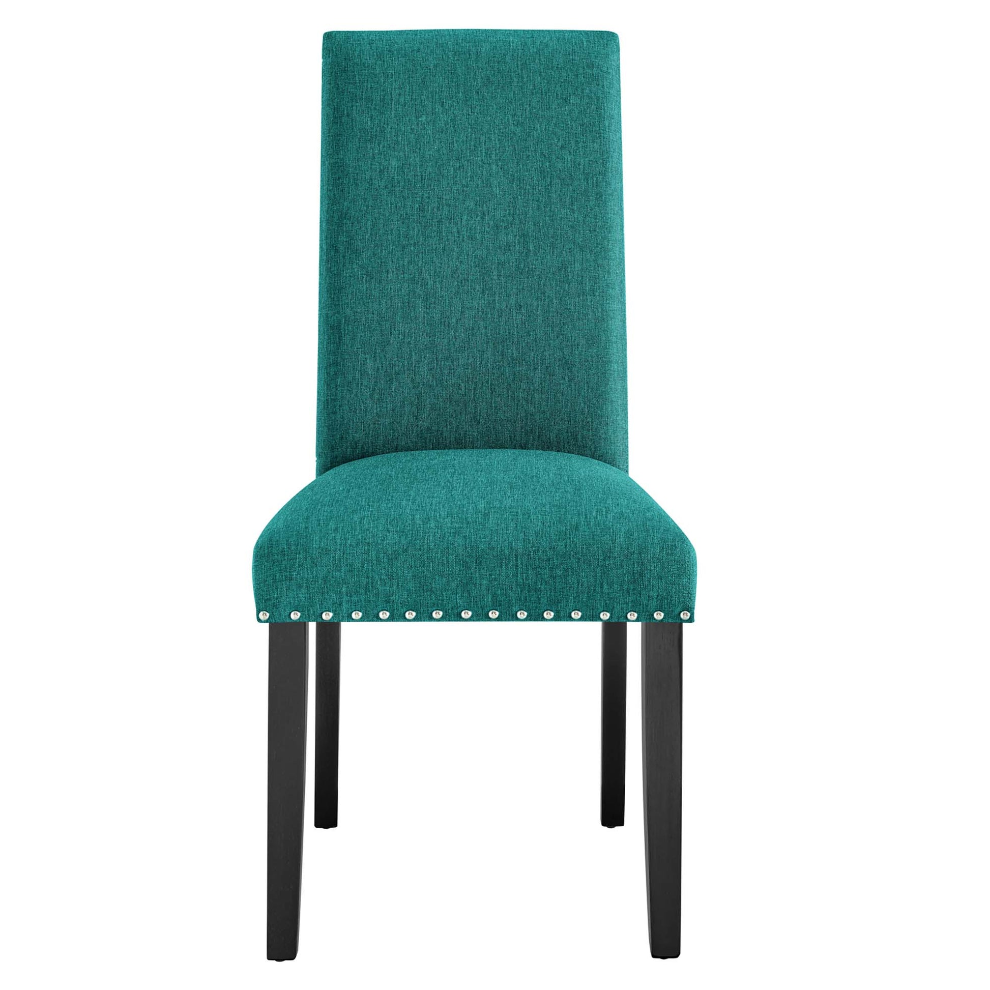 Teal upholstered dining chair with tall back, curved seat, nailhead trim along the edge, dark wood legs.
