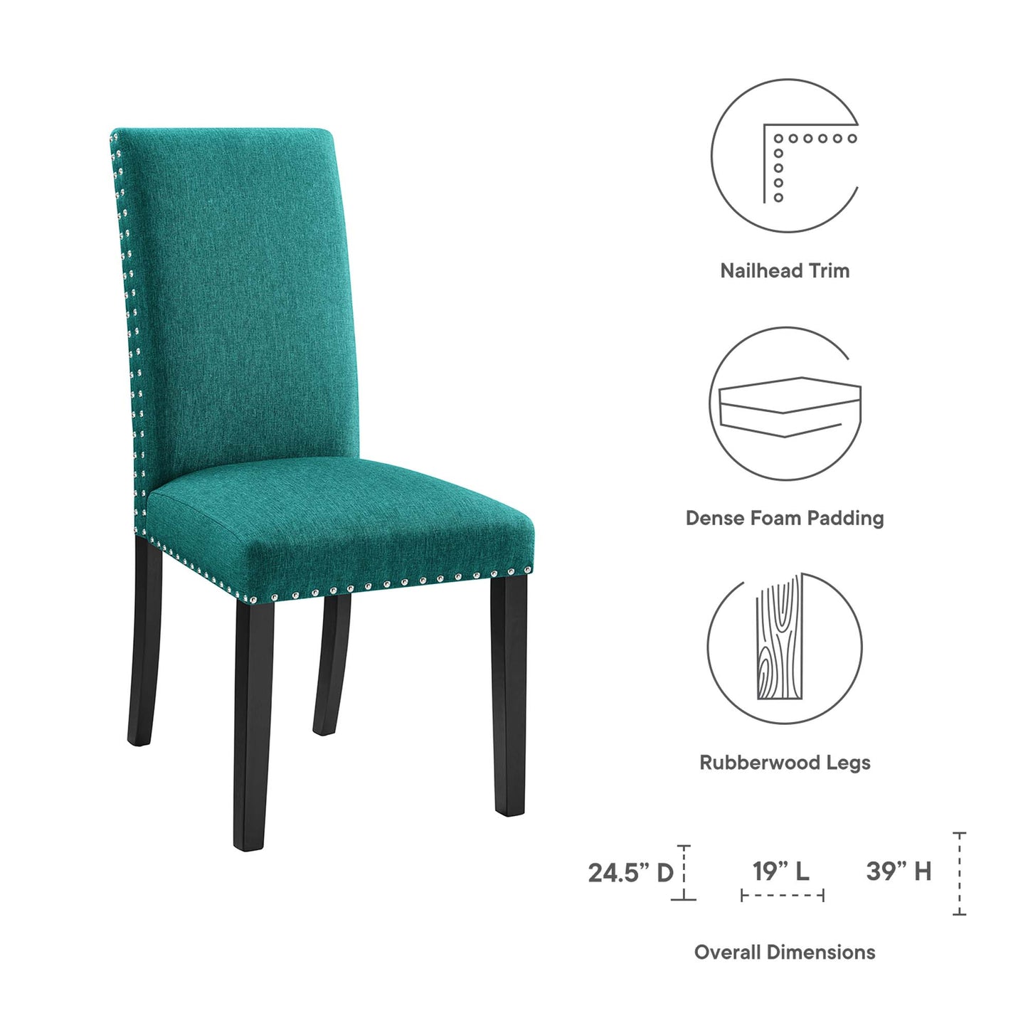 Teal upholstered dining chair with nailhead trim, dense foam padding, and black rubberwood legs.