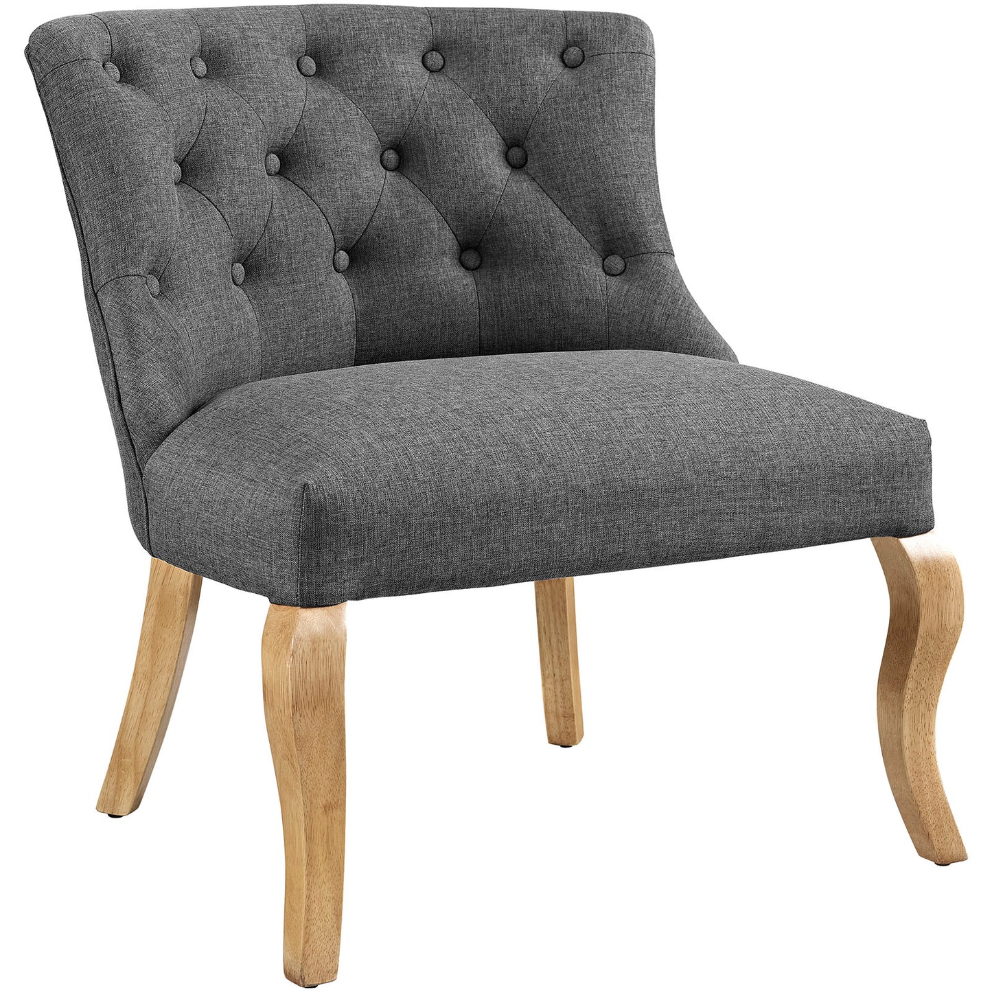 Gray tufted fabric accent chair with a buttoned back and natural wood curved legs.