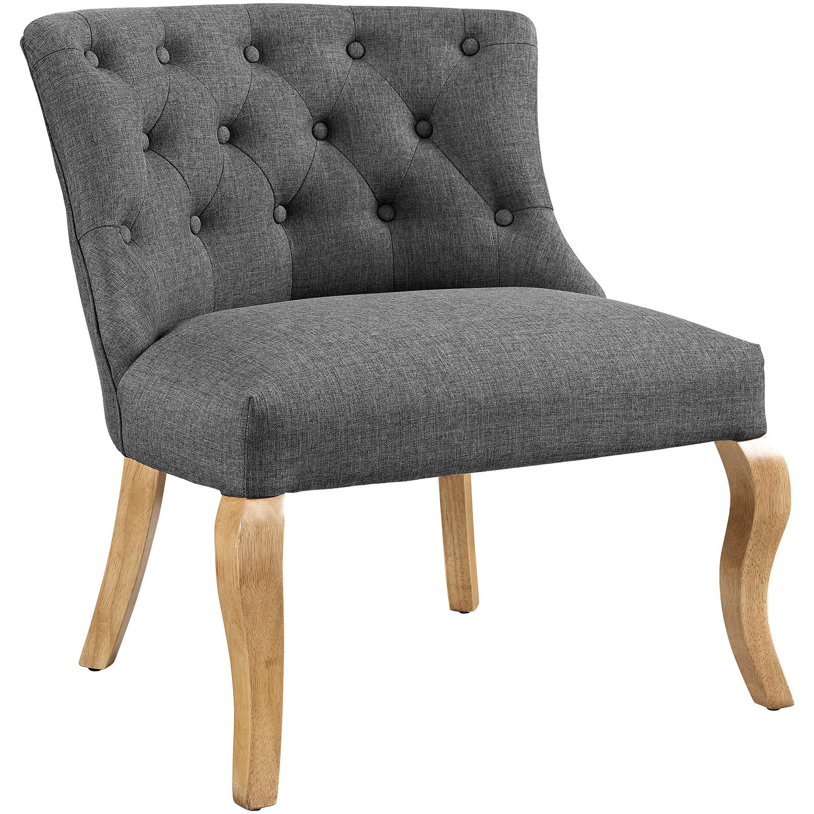 Gray tufted fabric accent chair with a buttoned back and natural wood curved legs.