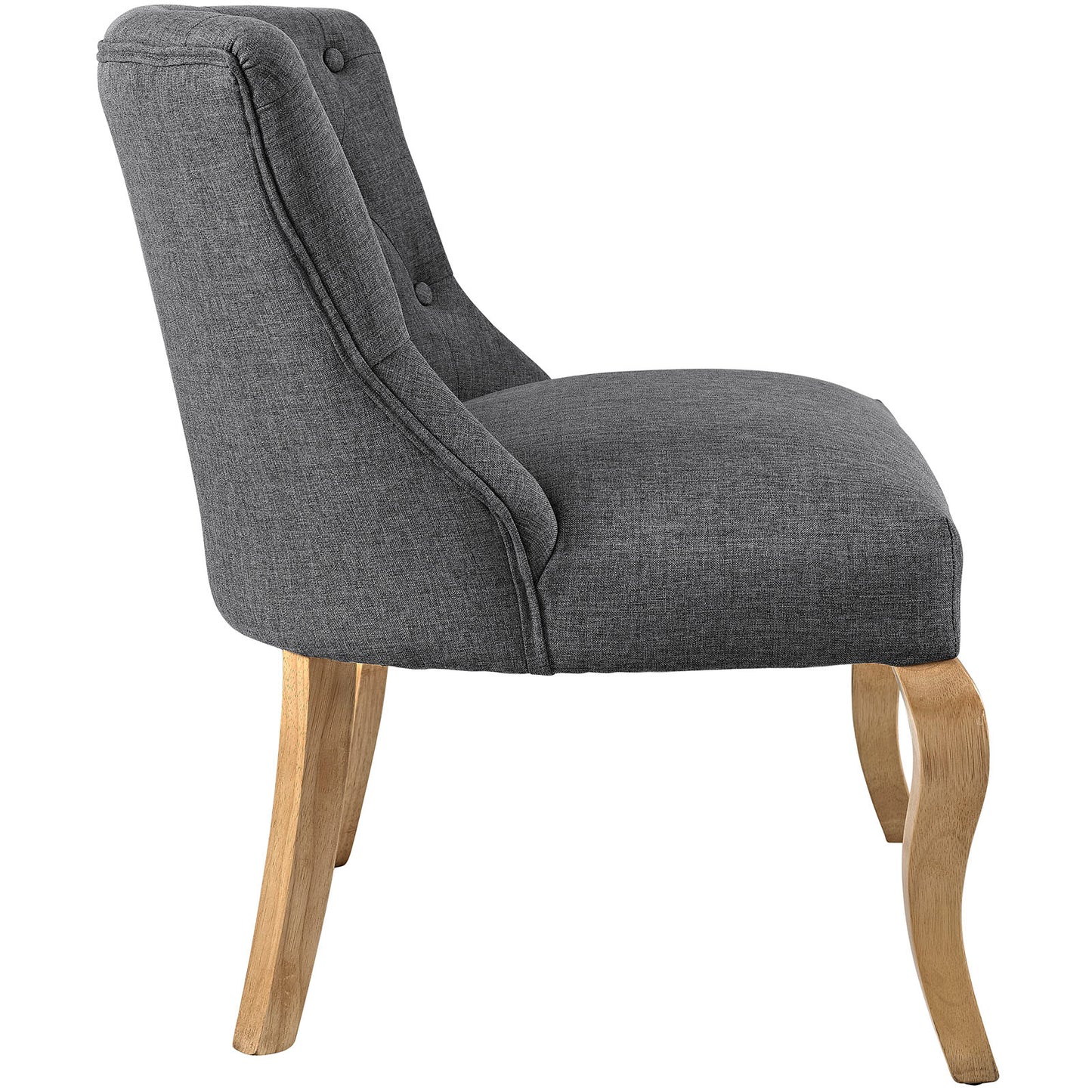 Gray fabric accent chair with cushioned seat, tufted back, and curved wooden legs.