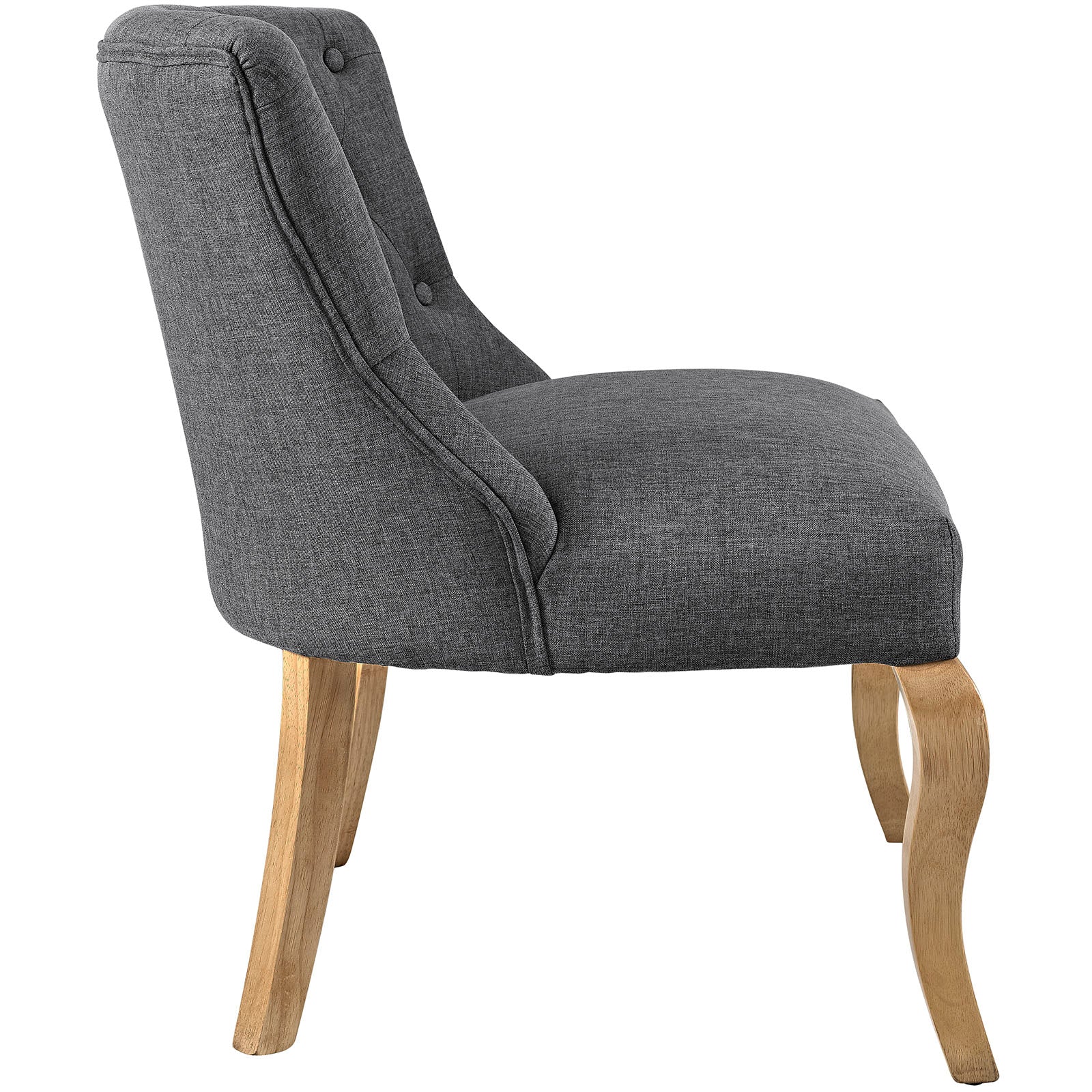 Gray fabric accent chair with cushioned seat, tufted back, and curved wooden legs.