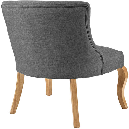 Gray fabric upholstered chair with curved back and natural wood legs.