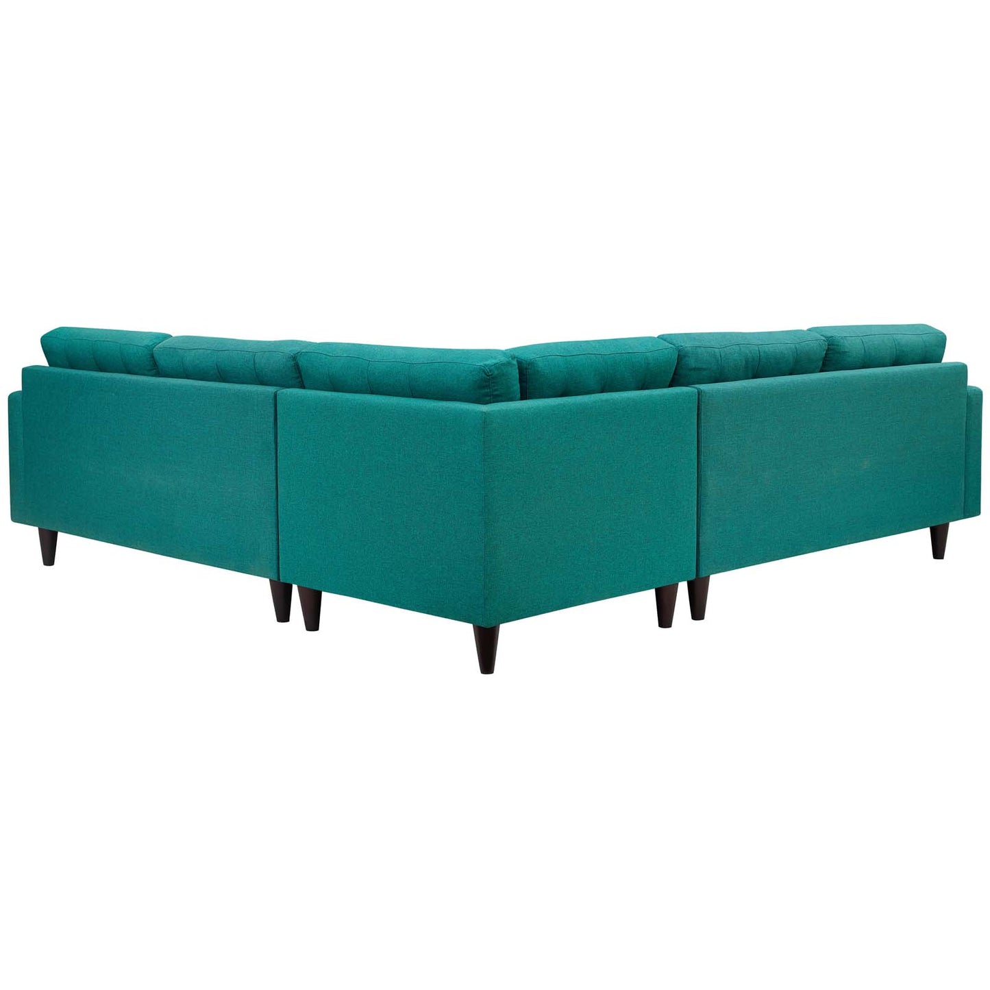 Teal velvet modular sectional sofa with square arms & low dark wood legs, L-shaped contemporary design.