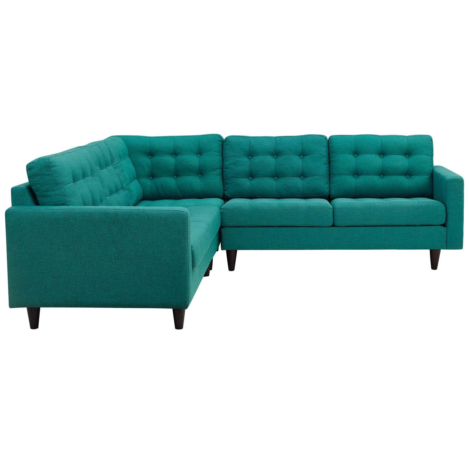 Teal fabric modular L-shaped sectional sofa with tufted back cushions and dark wooden legs.