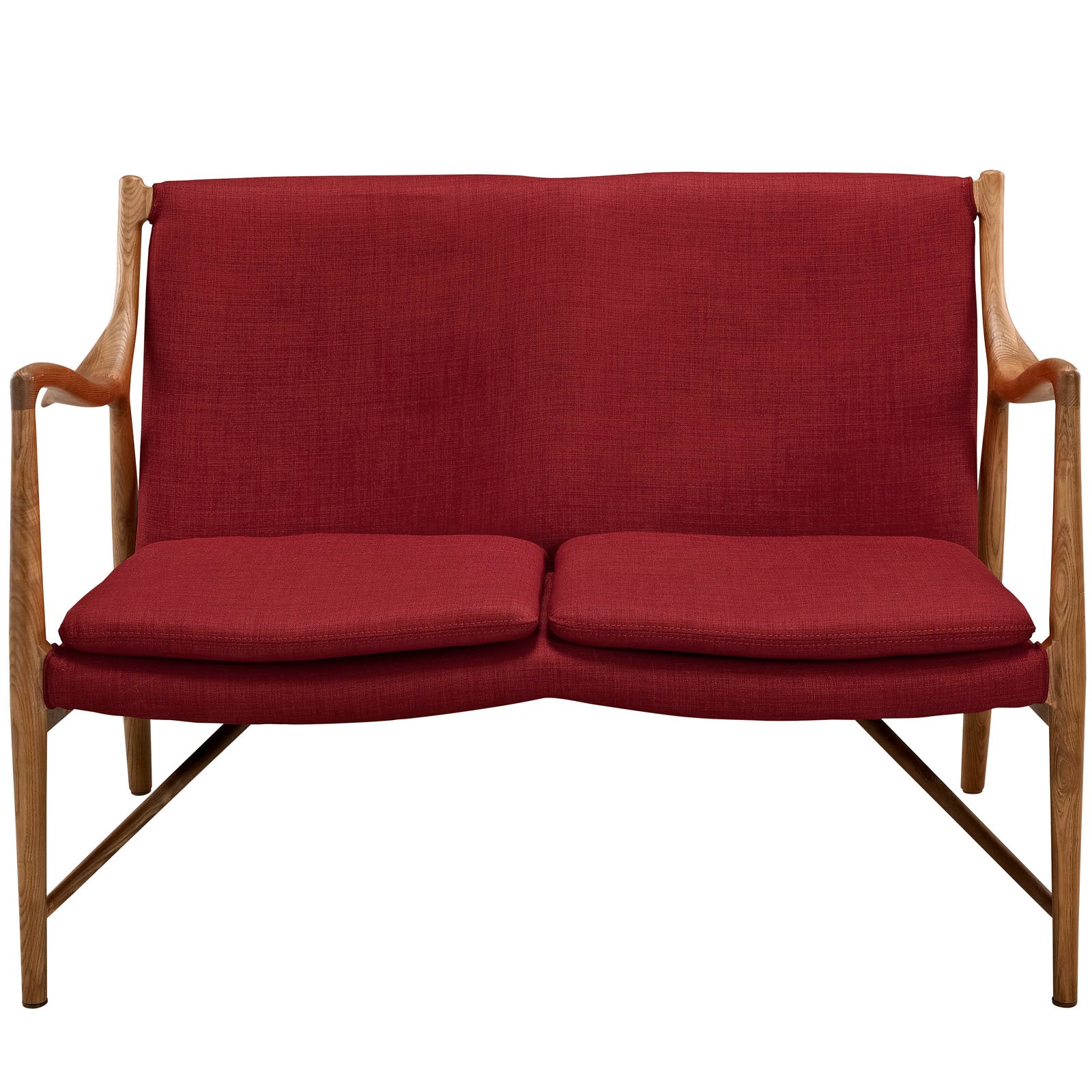 Red upholstered mid-century loveseat with wooden frame, curved arms, two seat cushions, and tapered legs.