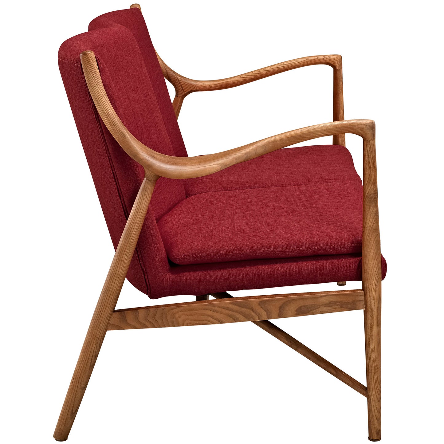Mid-century red upholstered loveseat with a natural wood frame and curved arms.
