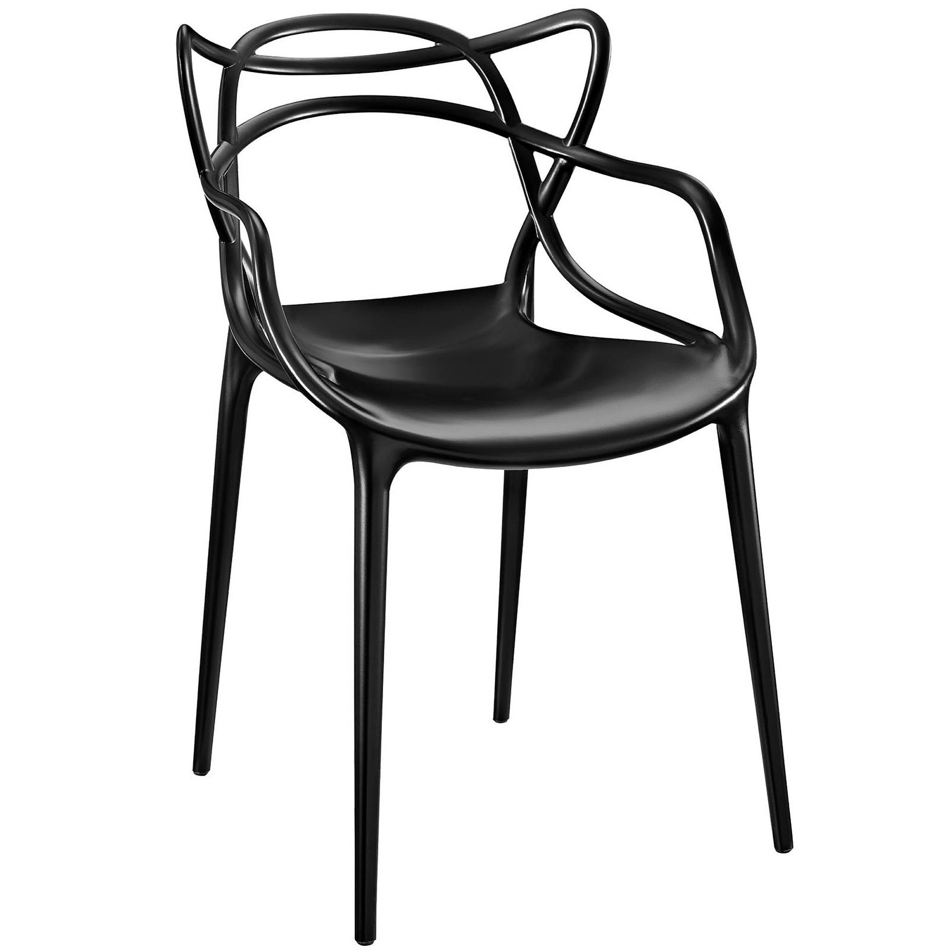 Black molded plastic dining armchair with sculptural loop back and arms.