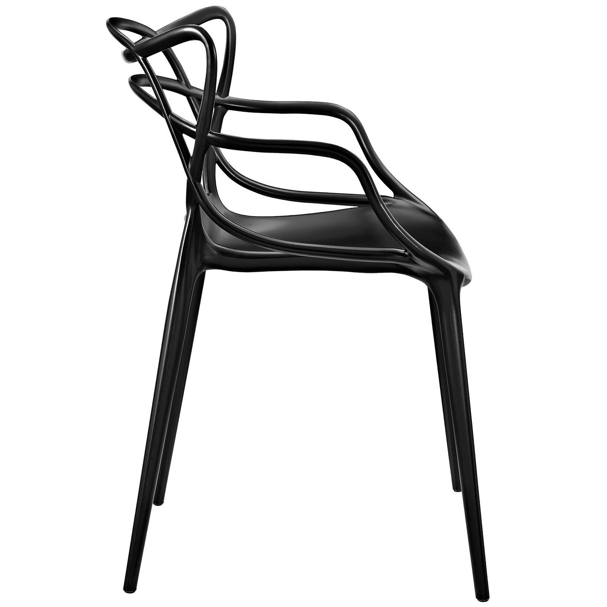 Black molded plastic dining chair with sculptural looped backrest and slender tapered legs.