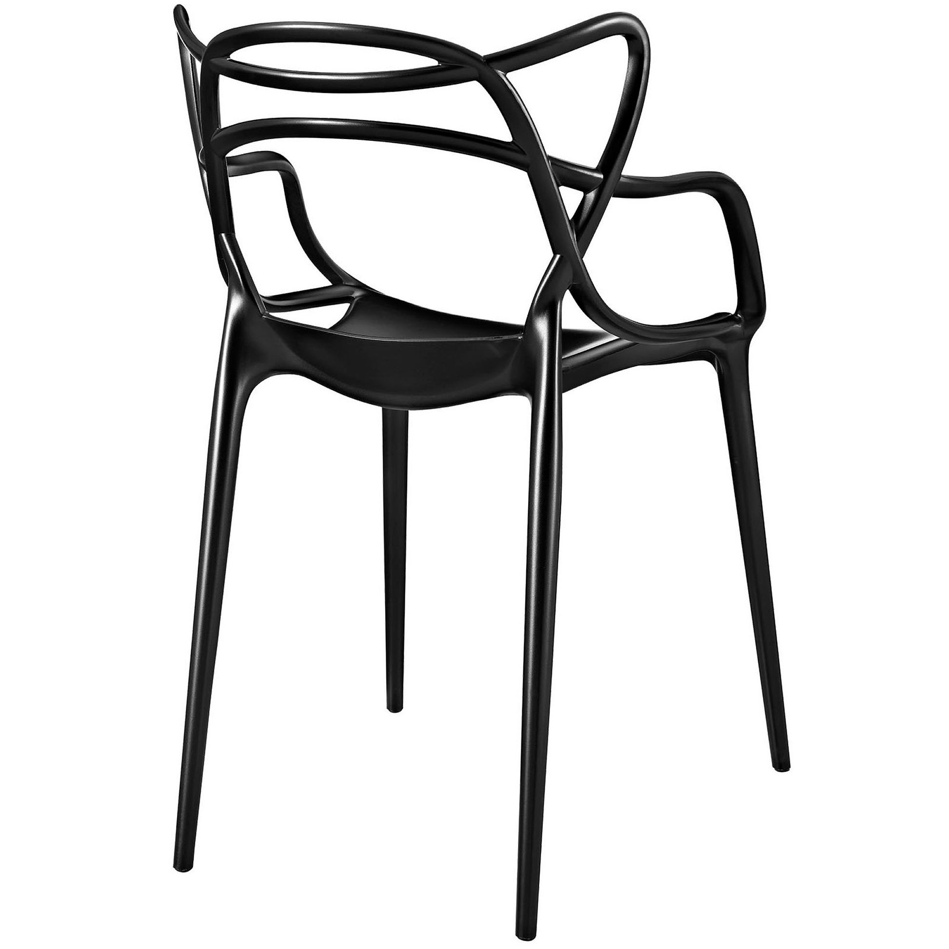 Pair of black molded plastic dining chairs with sculptural curved backrests and slender legs.