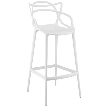 White powder-coated metal bar stool with round seat, sculptural loop back, and footrest.