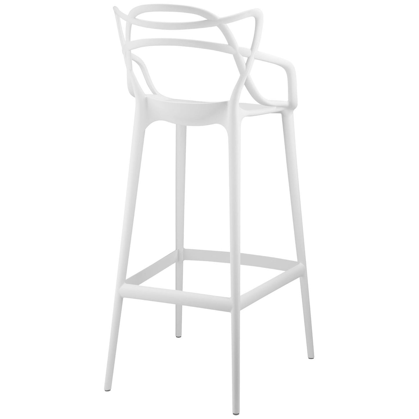 White modern bar stool with molded plastic seat & back, curved arm supports, slim metal legs & square footrest.