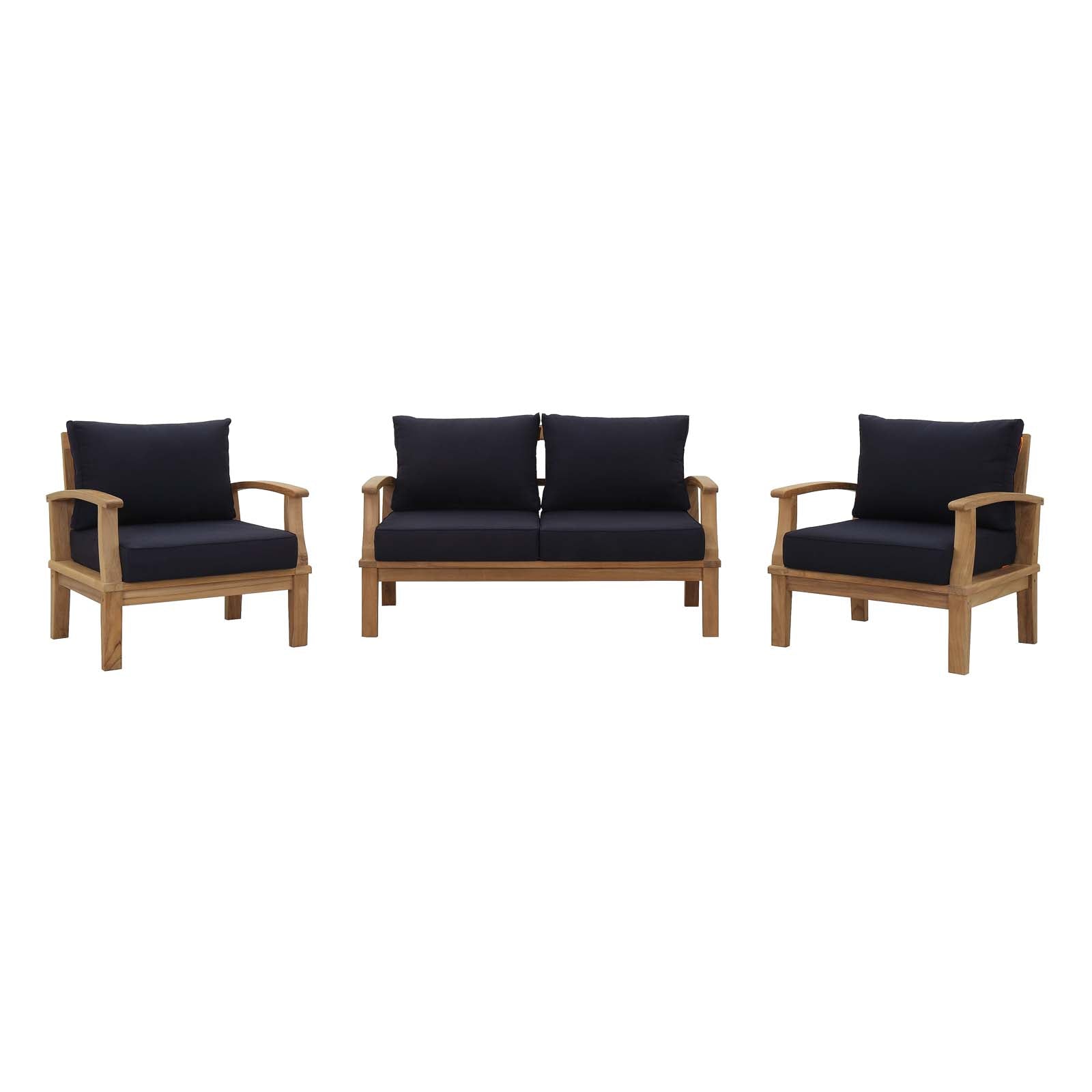 Teak outdoor patio set with navy cushions: left and right armchairs flanking a two-seat sofa.