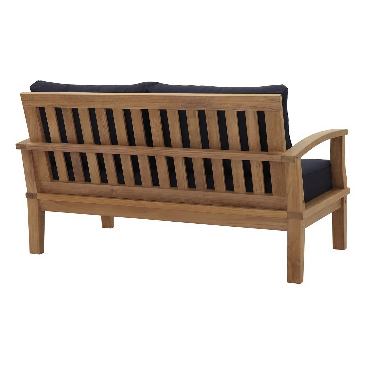 Natural wood outdoor sofa with navy cushions, slatted back, curved armrests, garden seating.