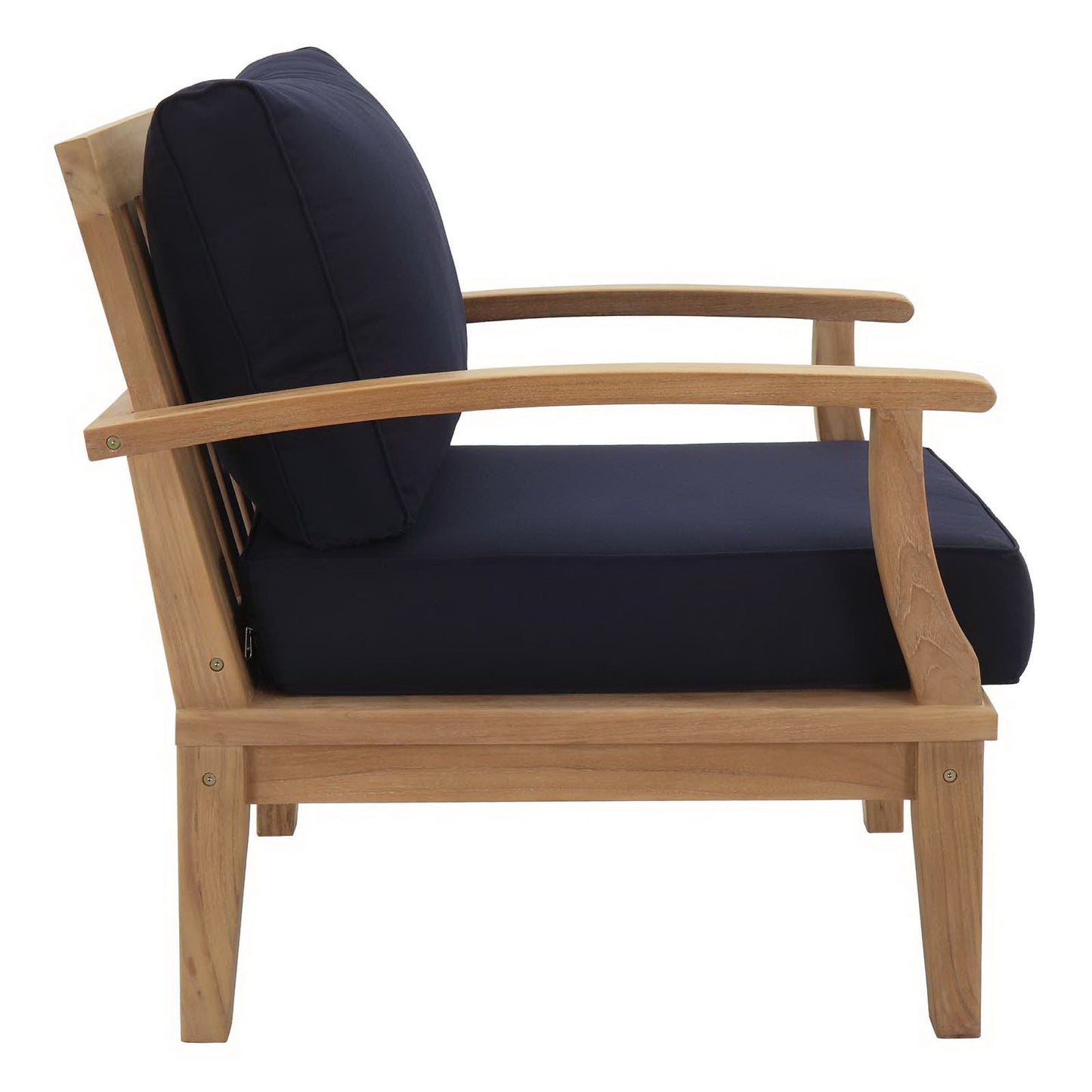 Natural wood outdoor armchair with navy cushions, curved arms and a matching back pillow.