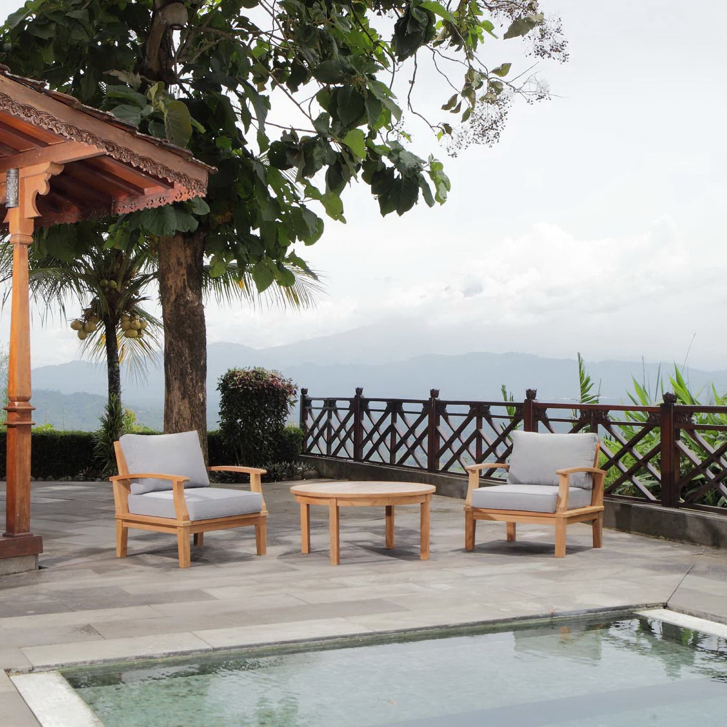 Modway - Marina 3 Piece Outdoor Patio Teak Set by Modway  Outdoor Furniture Sofa Sectionals Gray - EEI-1475-NAT-GRY-SET