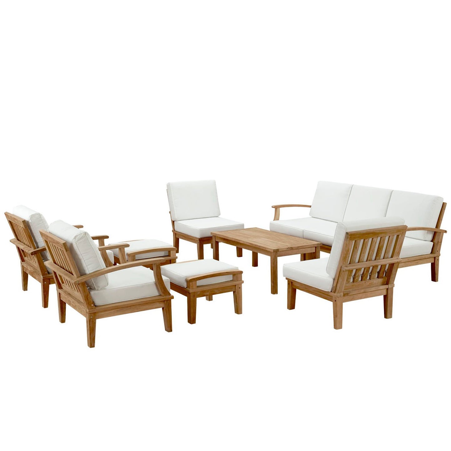 Natural wood outdoor conversation set with white cushions: sofa, armchairs, ottomans, and rectangular coffee table.