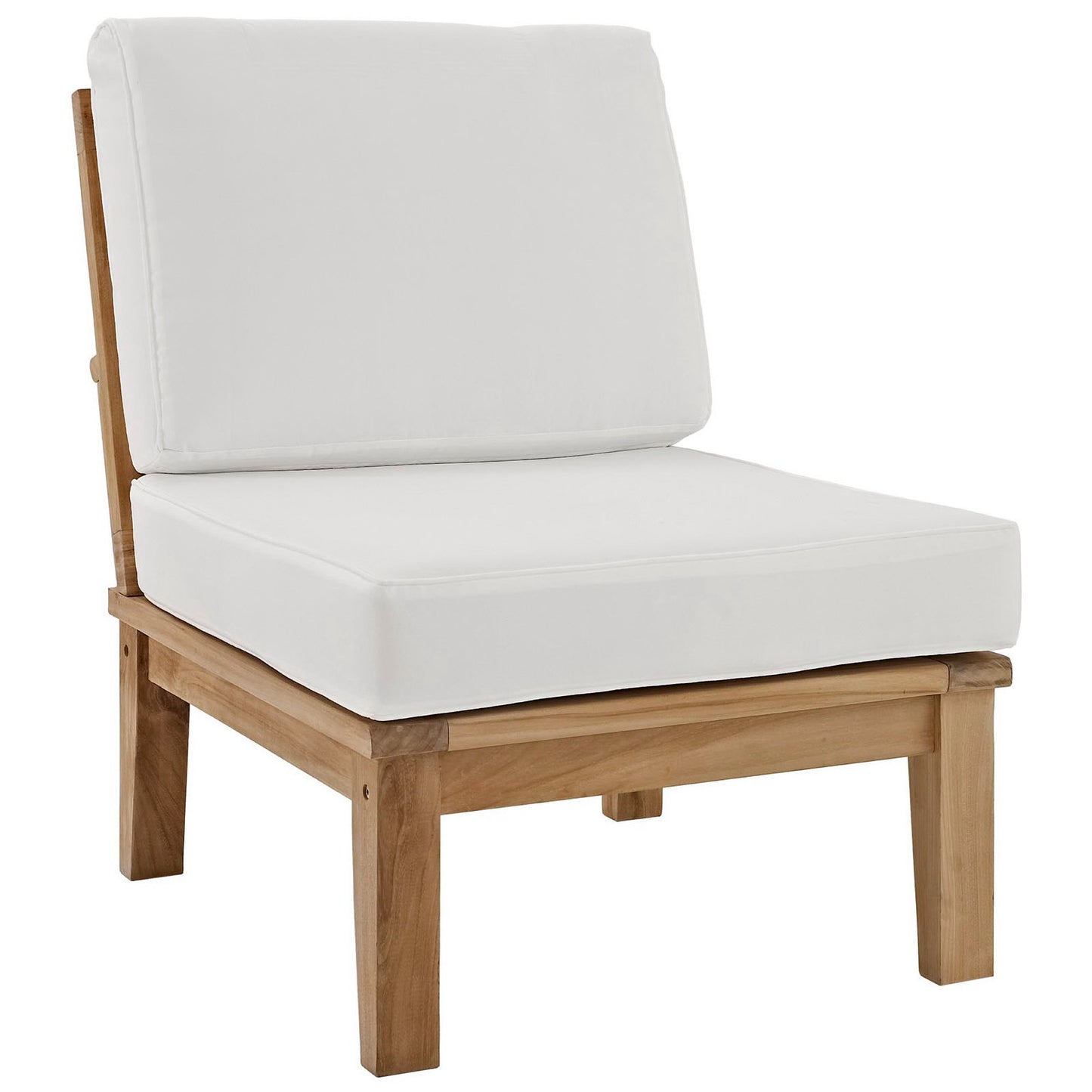Natural wood outdoor lounge chair with thick white seat and back cushions.