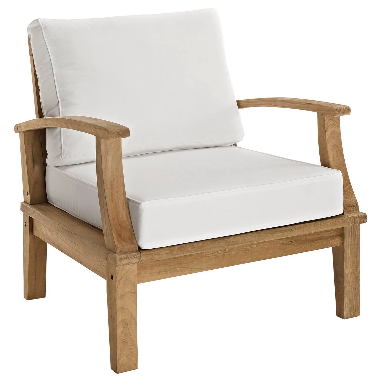 Natural wood armchair with white cushions, curved arms, sturdy frame for indoor or outdoor seating.