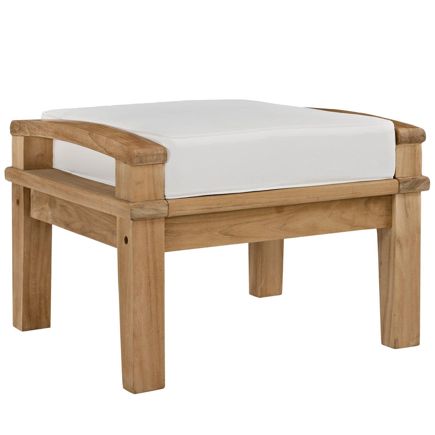 Natural wood ottoman with white cushion, chunky square legs, rustic farmhouse style.
