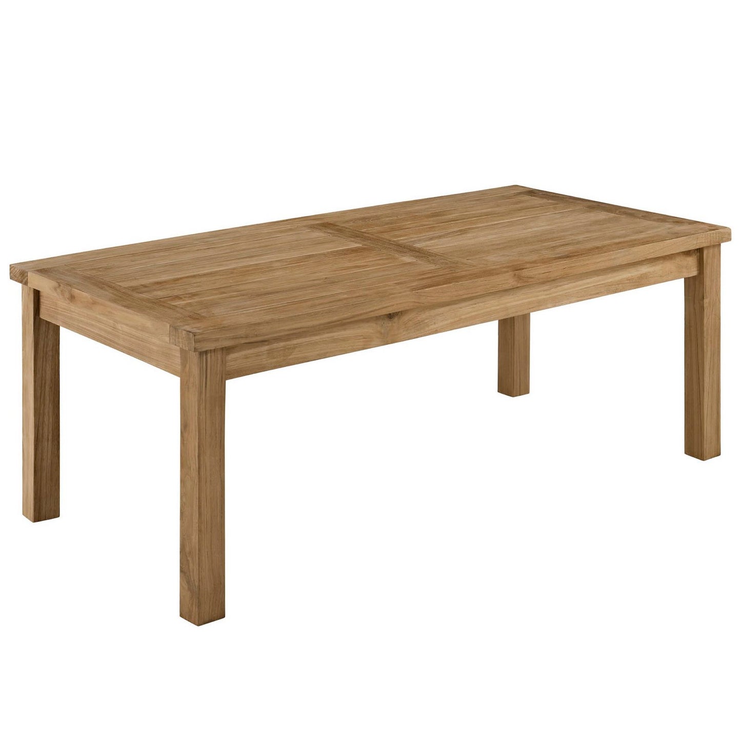 Natural wood dining table with rectangular top and sturdy squared legs, rustic farmhouse style.