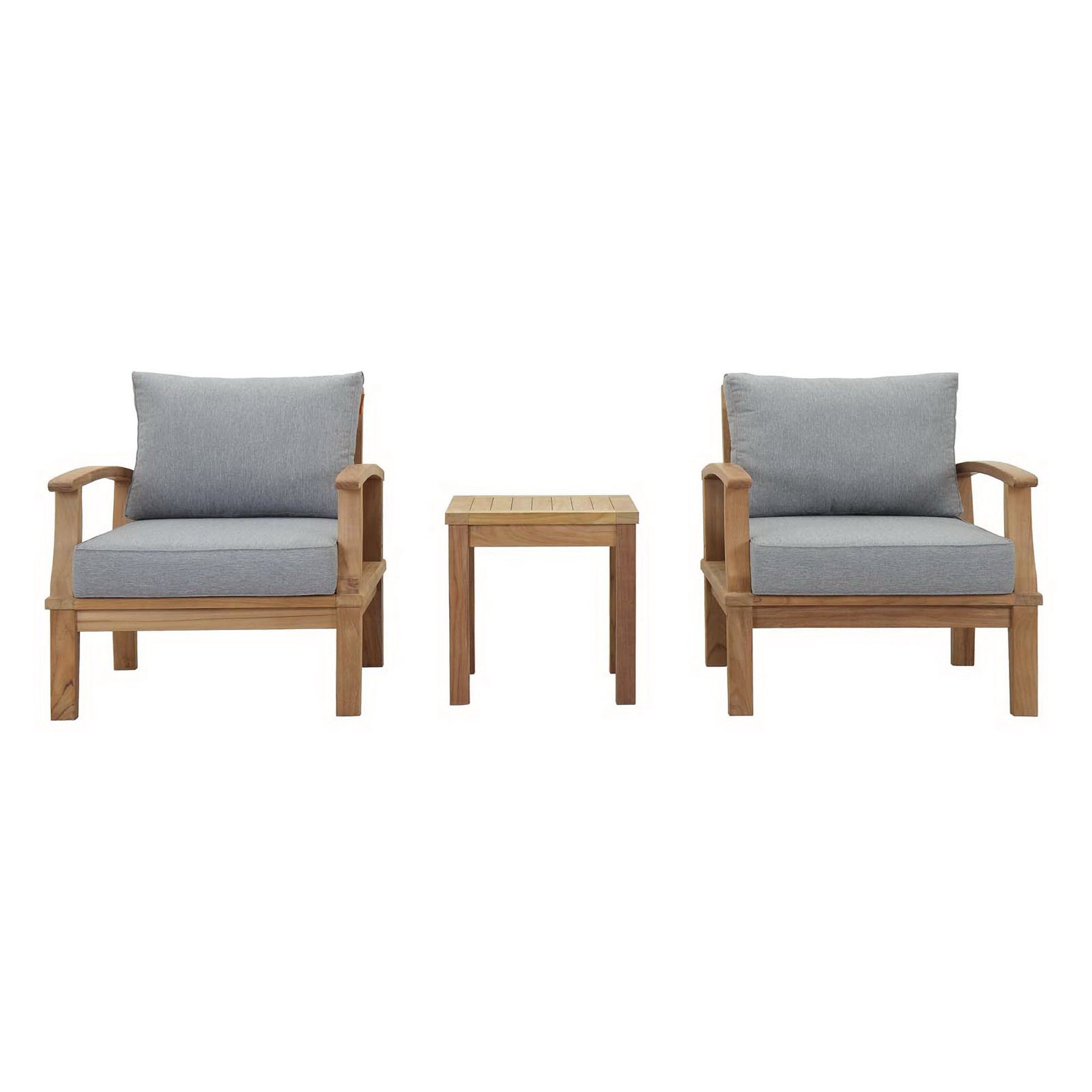 Natural wood outdoor armchairs with gray cushions and a small matching side table.