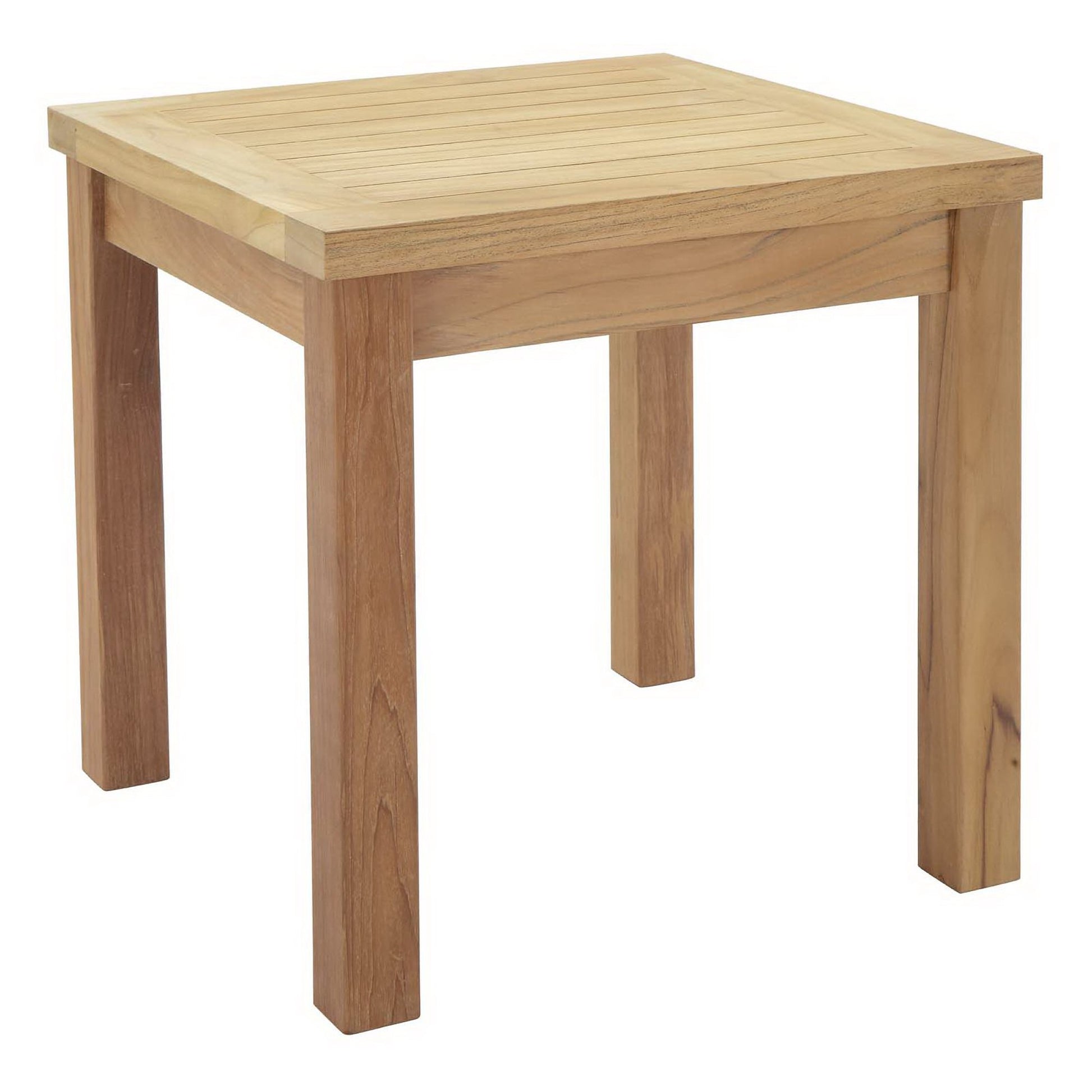 Natural wood square table with slatted top and chunky straight legs; rustic living room accent.