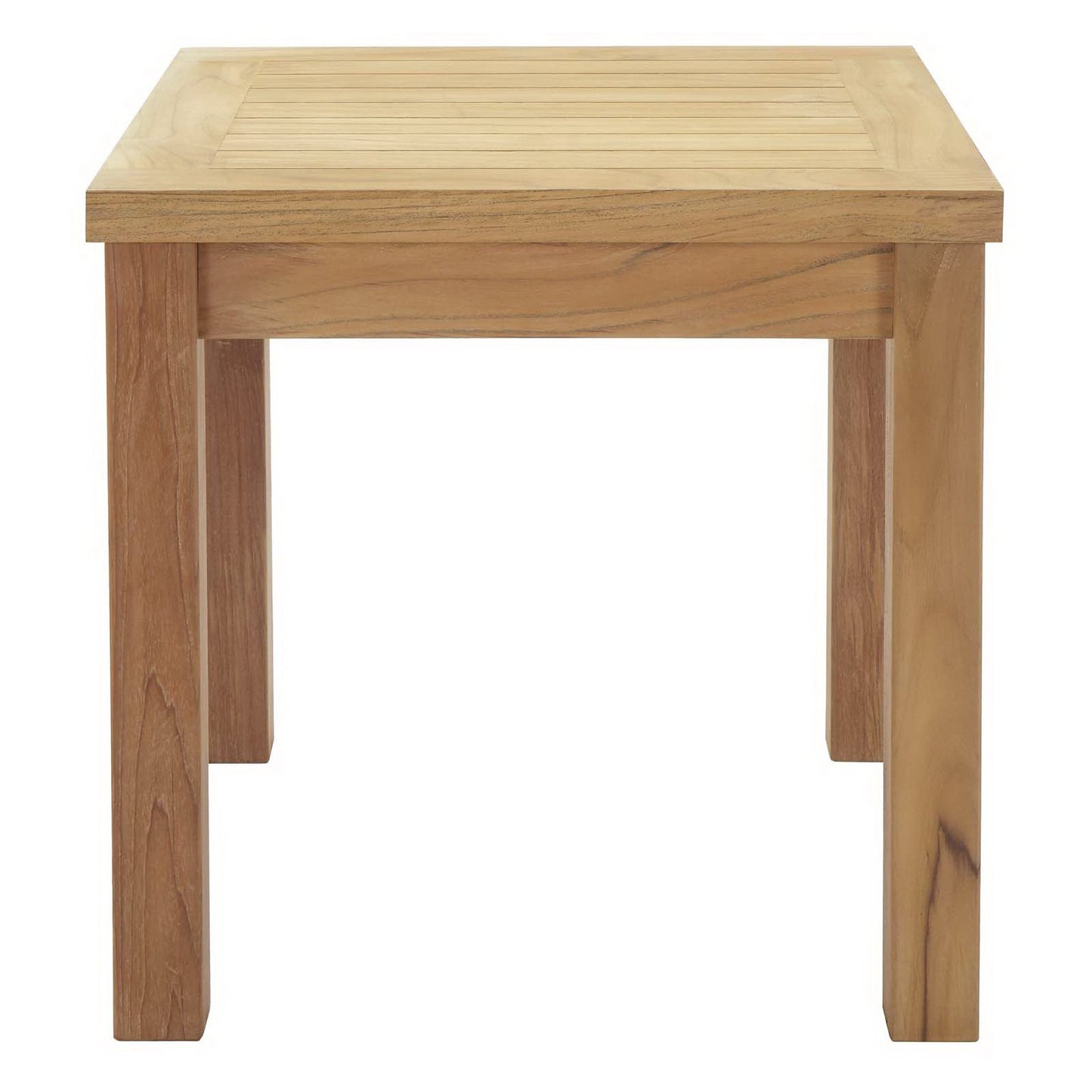 Natural wood square stool with slatted top and chunky legs, rustic farmhouse side table.