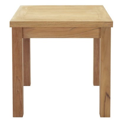 Natural wood square stool with slatted top and chunky legs, rustic farmhouse side table.